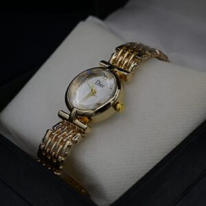 Dior Inspired Gold Petite Round Dial Women’s Watch – Intricate Link Bracelet