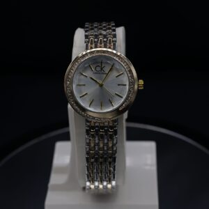 Calvin Klein Silver Crystal-Bezel Women’s Watch – Sunray Dial & Elegant Link Bracelet