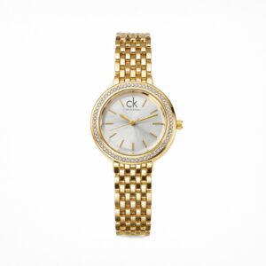 Calvin Klein Gold Crystal-Bezel Women’s Watch – Sunray Dial & Elegant Link Bracelet