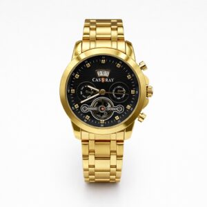 Casray Men’s Gold Multi-Function Watch – Gold Black Dial with Exposed Gears & Crystal Markers