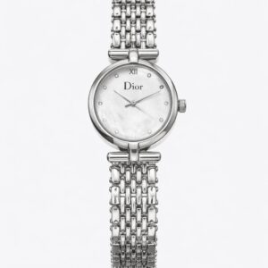 Dior Inspired Silver Petite Round Dial Women’s Watch – Intricate Link Bracelet