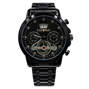 Casray Men’s Gold Multi-Function Watch – Black Dial with Exposed Gears & Crystal Markers