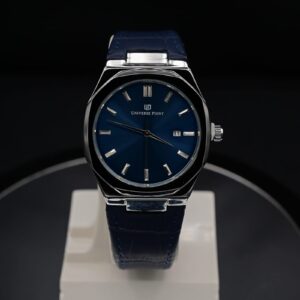 Universe Point Men’s Octagonal Bezel Watch – Navy Blue Sunray Dial & Leather Strap