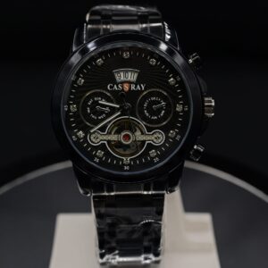 Casray Men’s Gold Multi-Function Watch – Black Dial with Exposed Gears & Crystal Markers