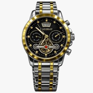 Casray Men’s Gold Multi-Function Watch – Silver Gold & Black Dial with Exposed Gears & Crystal Markers